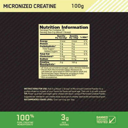 Supplement facts of Optimum Nutrition Micronized Creatine Powder Unflavored 300g at Nutrojenix.com