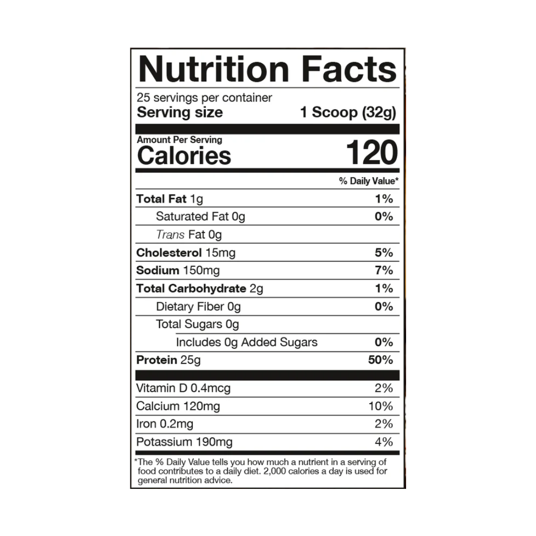 Raw Isolate Protein nutrition facts label showing serving size, protein content, and ingredients