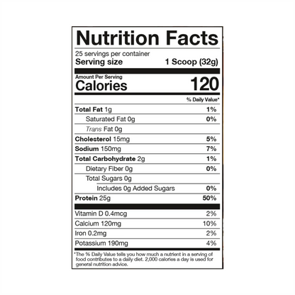 Raw Isolate Protein nutrition facts label showing serving size, protein content, and ingredients