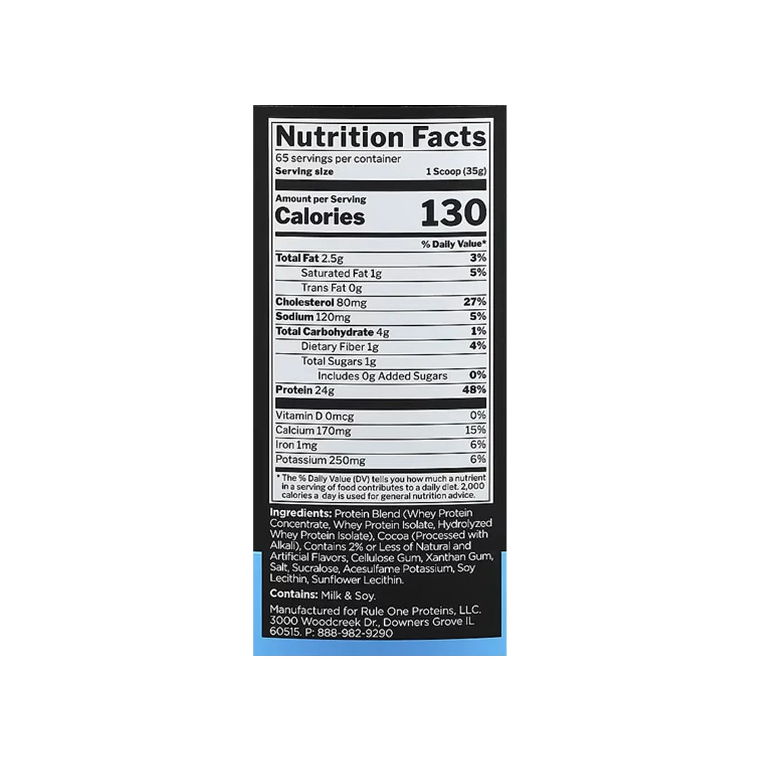 Nutrition facts panel for Rule 1 Whey Protein Chocolate Fudge 65 Servings