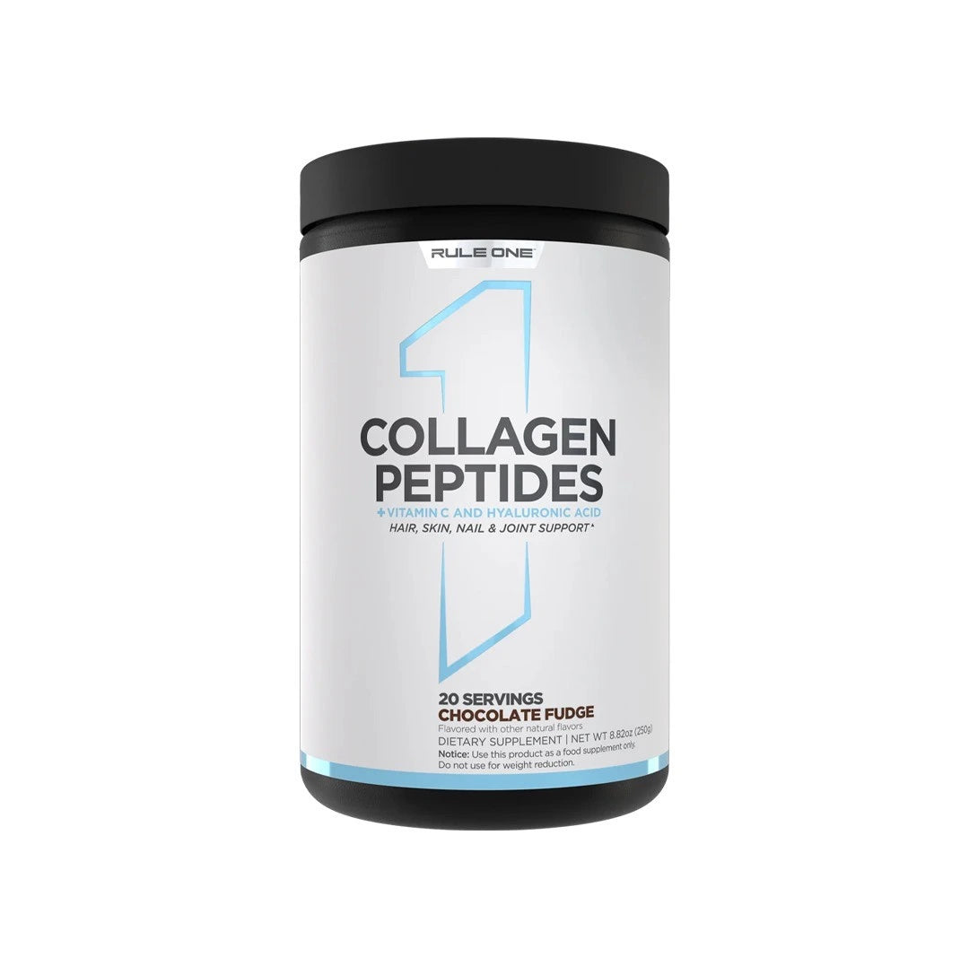 Collagen peptides container with Rule 1 branding on a white background