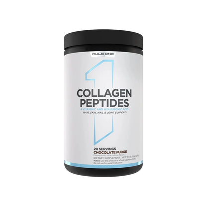 Collagen peptides container with Rule 1 branding on a white background