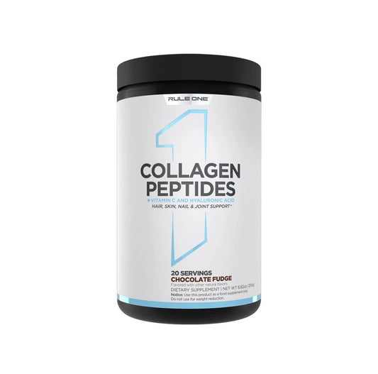 Collagen peptides container with Rule 1 branding on a white background