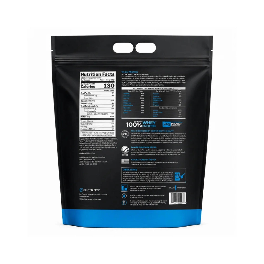 Rule 1 R1 Whey Protein 10lbs nutrition facts with 25g protein and 6g BCAAs
