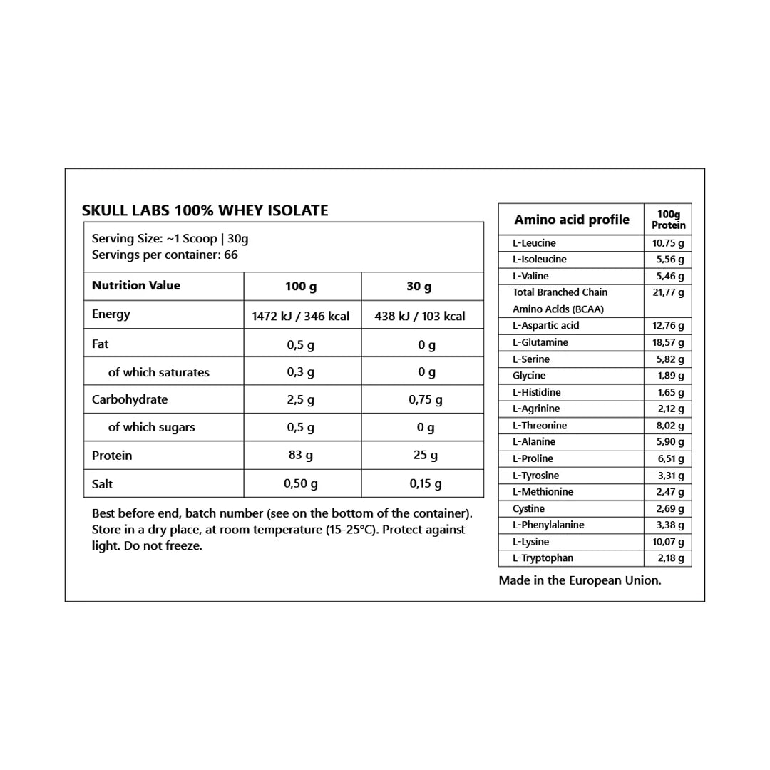 Skull Labs 100% Whey Isolate 2kg nutrition facts with 25g protein per serving