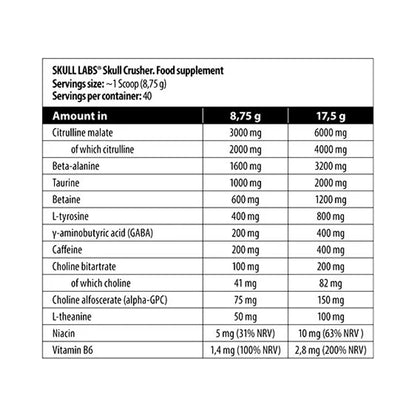 Skull Labs Skull Crusher 350g nutrition facts with caffeine, citrulline and beta-alanine