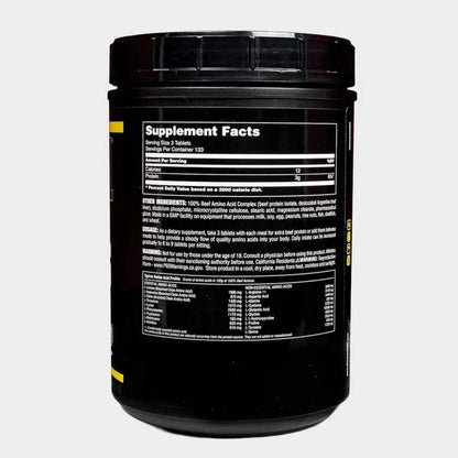 Universal 100% Beef Aminos supplement facts label — EAA and BCAA amino acid profile per serving