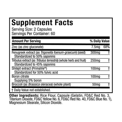 Muscletech Alpha Test supplement facts label showing Fenugreek Extract PrimaVie Shilajit and Boron
