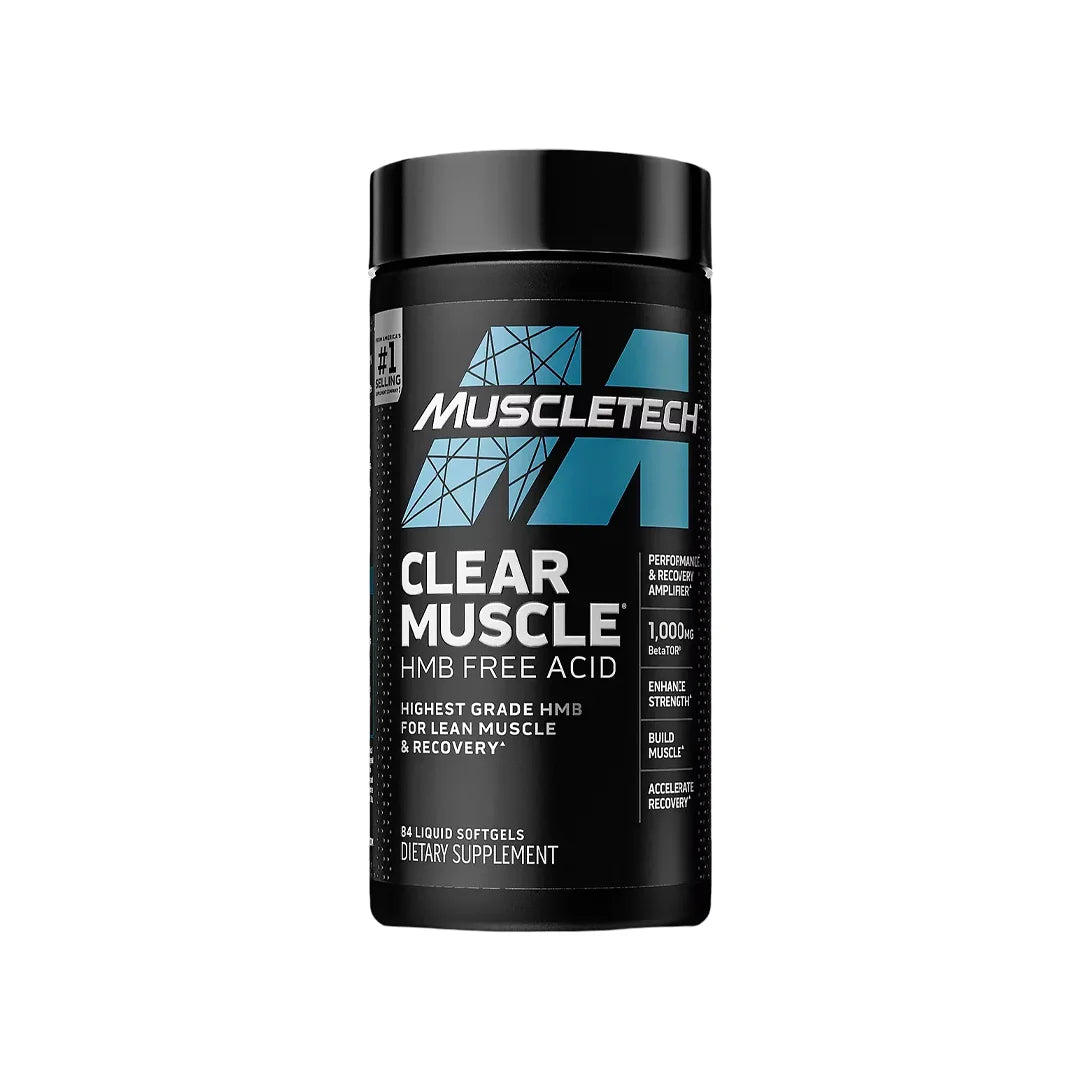 Muscletech Clear Muscle 84 Liquid Softgels bottle for lean muscle support and workout recovery