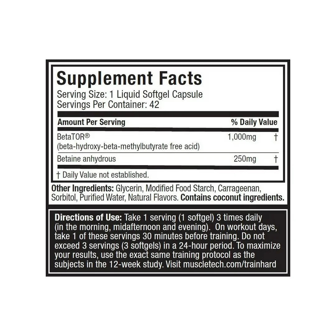 Supplement facts label of Muscletech Clear Muscle showing HMB muscle recovery supplement ingredients
