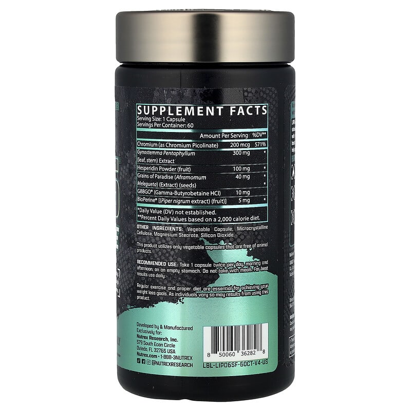 Nutrex Lipo 6 Stim-Free 60 Capsules supplement facts label with stimulant-free fat burning formula